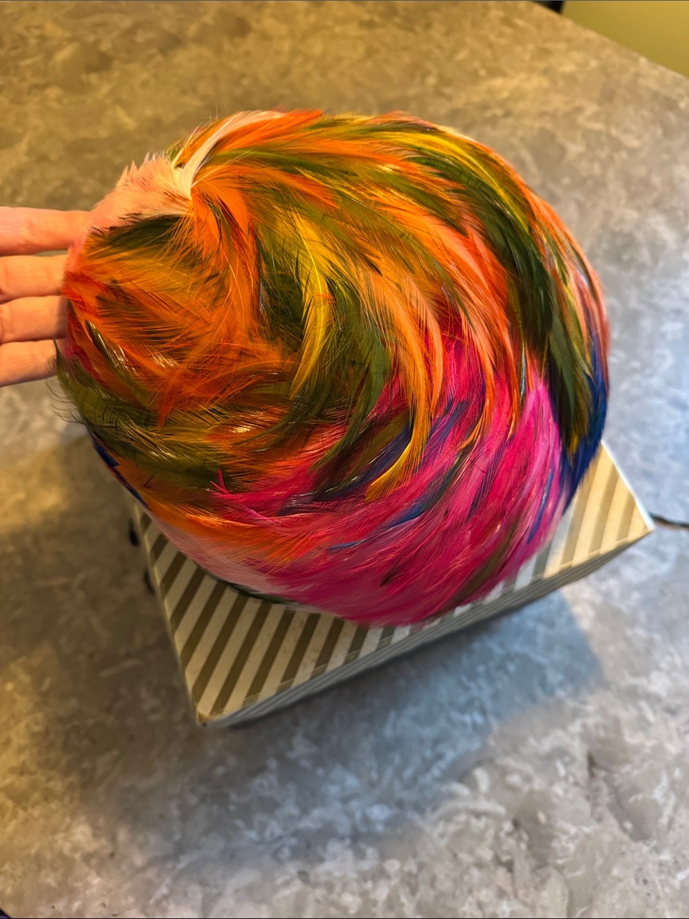 Dior Multicolor Feather Pillbox Hat — Orange, Green, Pink, Cream, Brown